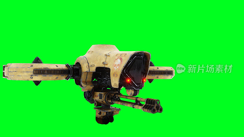 会飞的军人，战争机器人，带枪的机器人。绿色的屏幕。3 d渲染。
